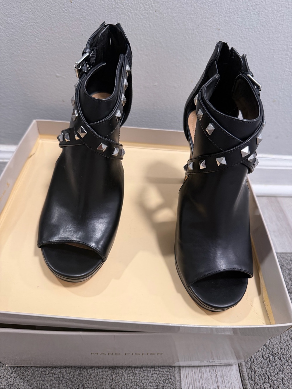 Marc Fisher Black Leather Peep-Toe Studded Ankle Heels